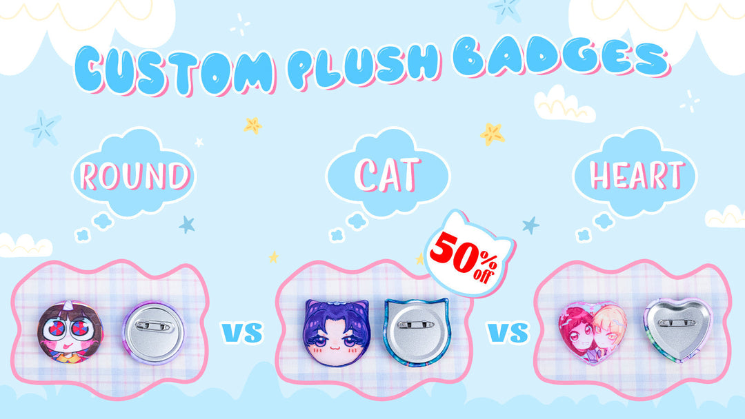 Custom plush badges in round, heart, and cat shapes by ZoArtix